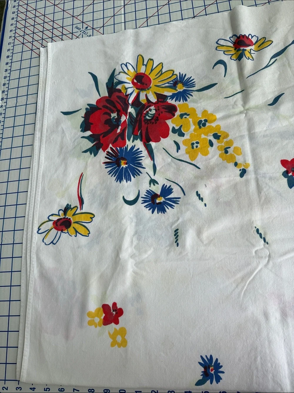 Vintage 50s Floral Tablecloth 64 x 52 Red Yellow Blue Cotton Kitchen Linen